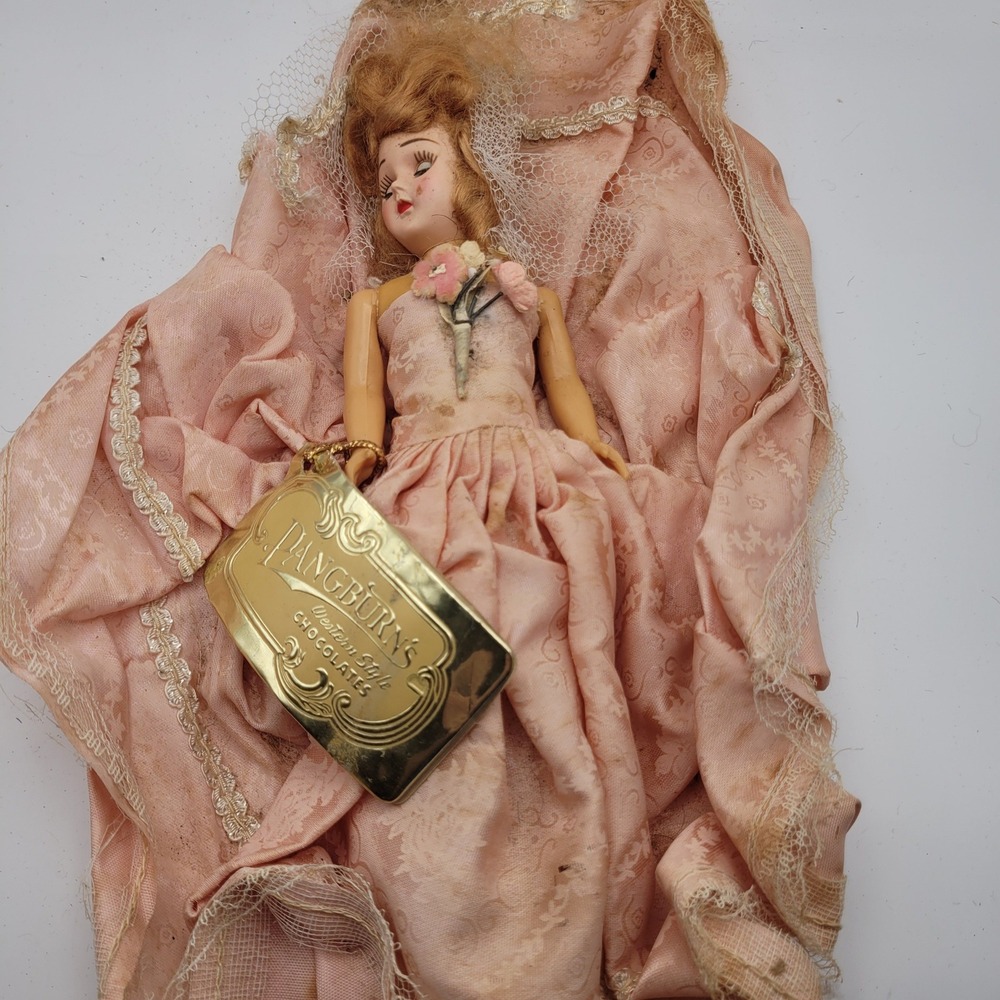Vintage Pangburns Western Style Chocolates Doll Pink Lace Gown Advertising Tag